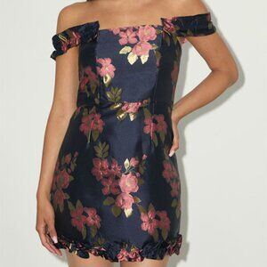 Lulus Pop The Bottle Navy Blue Floral Jacquard Ruffled Mini Dress - Size S
